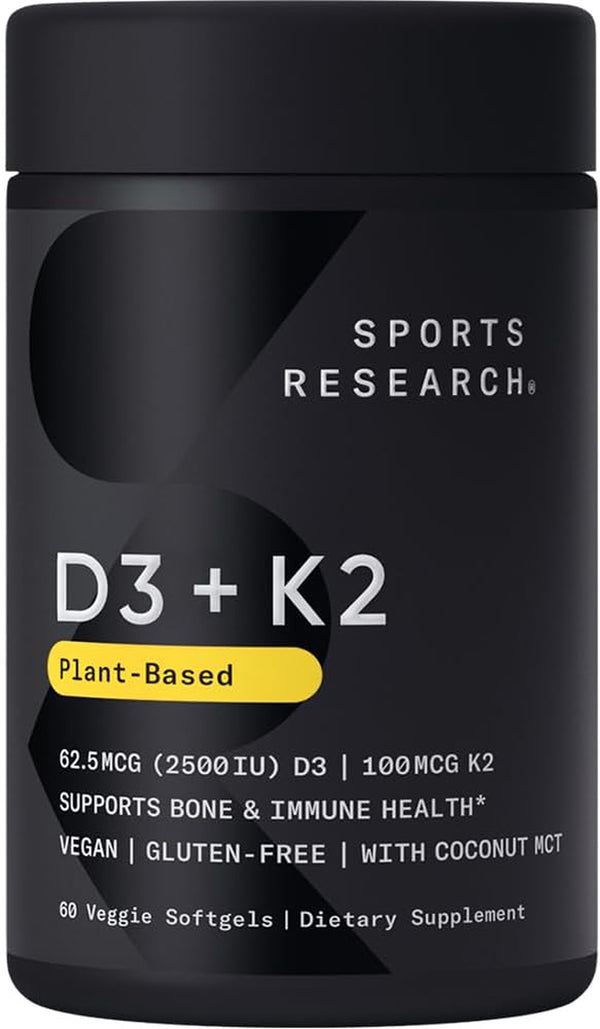 Sports Research Vitamin D3 K2 with Coconut MCT Oil | Vegan D3 2500Iu (62.5Mcg) & Plant Based Vitamin K2 as MK7 Supplement | Vegan Certified, Soy & Gluten Free -60 Liquid Softgels