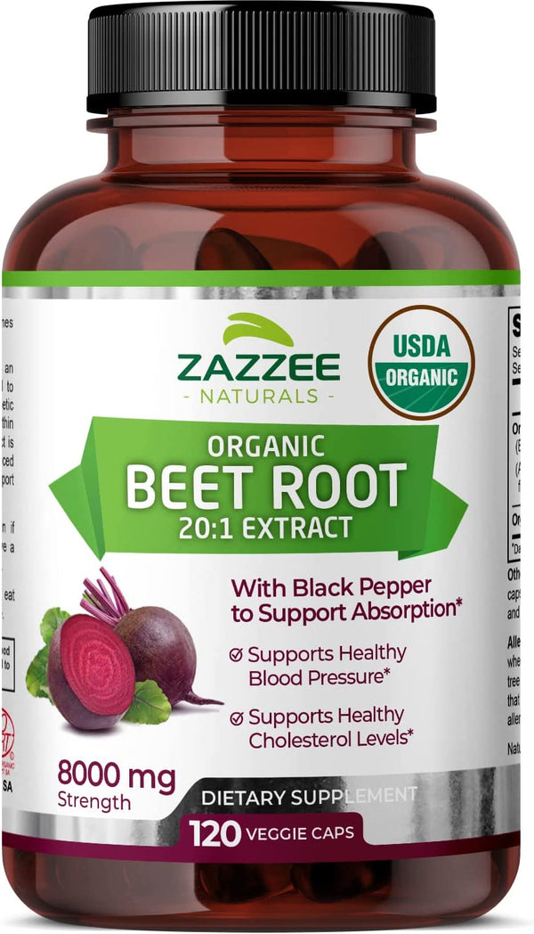Zazzee USDA Organic Beet Root 20:1 Extract, 8000 Mg Strength, Enhanced Absorption with Organic Black Pepper Extract, 120 Vegan Capsules, Standardized, Concentrated 20X Extract, All-Natural and Non-Gmo