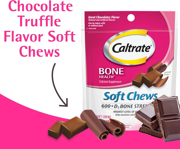 Caltrate Soft Chews 600 plus D3 Calcium Vitamin D Supplement, Chocolate Truffle - 60 Count(Packaging May Vary)