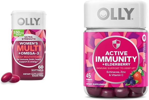 OLLY Women'S Multi + Omega-3 Ultra Strength Softgels and Active Immunity + Elderberry Gummies Bundle, 60+45 Count