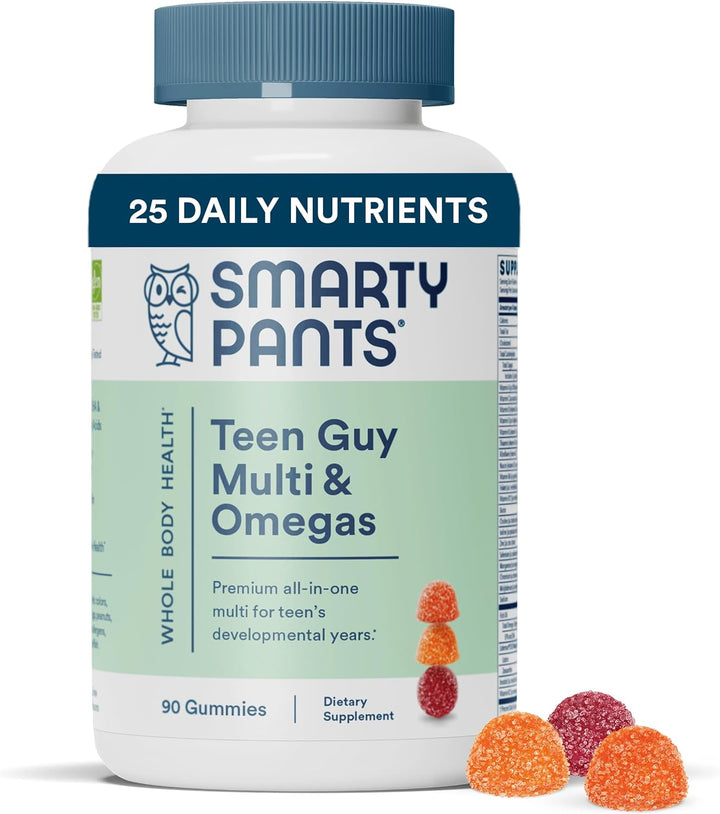 Smartypants Teen Guy Multivitamin Gummies: Omega 3 Fish Oil (EPA/DHA), Vitamin D3, C, Vitamin B12, B6, Vitamin A, K & Zinc, Gluten Free, Three Fruit Flavors, 90 Count (22 Day Supply)