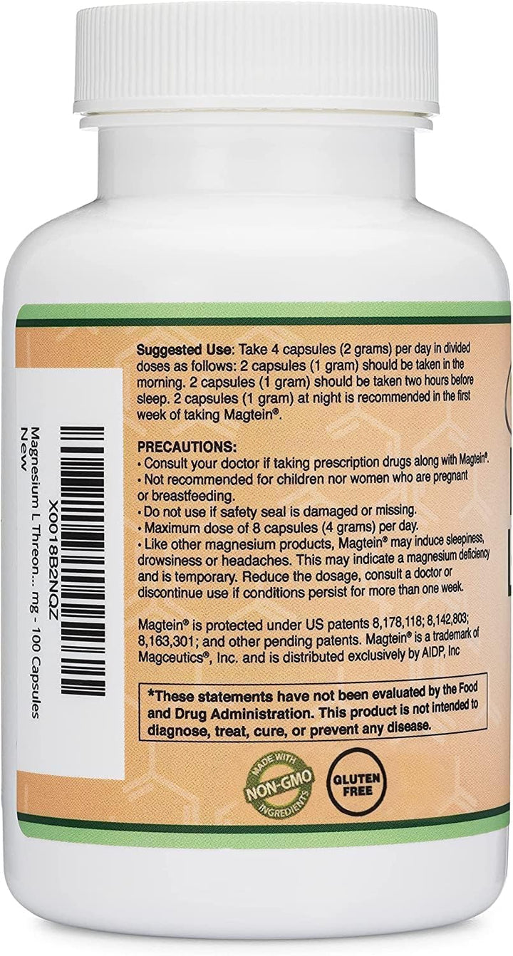 Magnesium L Threonate Capsules (Magtein) – High Absorption Supplement – Bioavailable Form for Sleep and Cognitive Function Support – 2,000 Mg – 100 Capsules