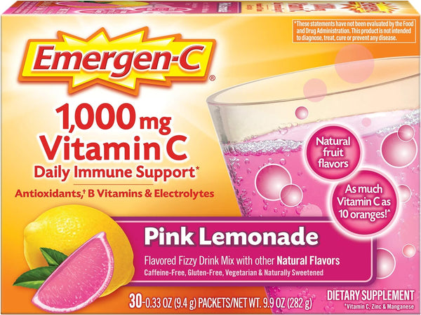 Emergen-C 1000Mg Vitamin C Powder, with Antioxidants, B Vitamins and Electrolytes, Immunity Supplements for Immune Support, Caffeine Free Fizzy Drink Mix, Pink Lemonade Flavor - 30 Count