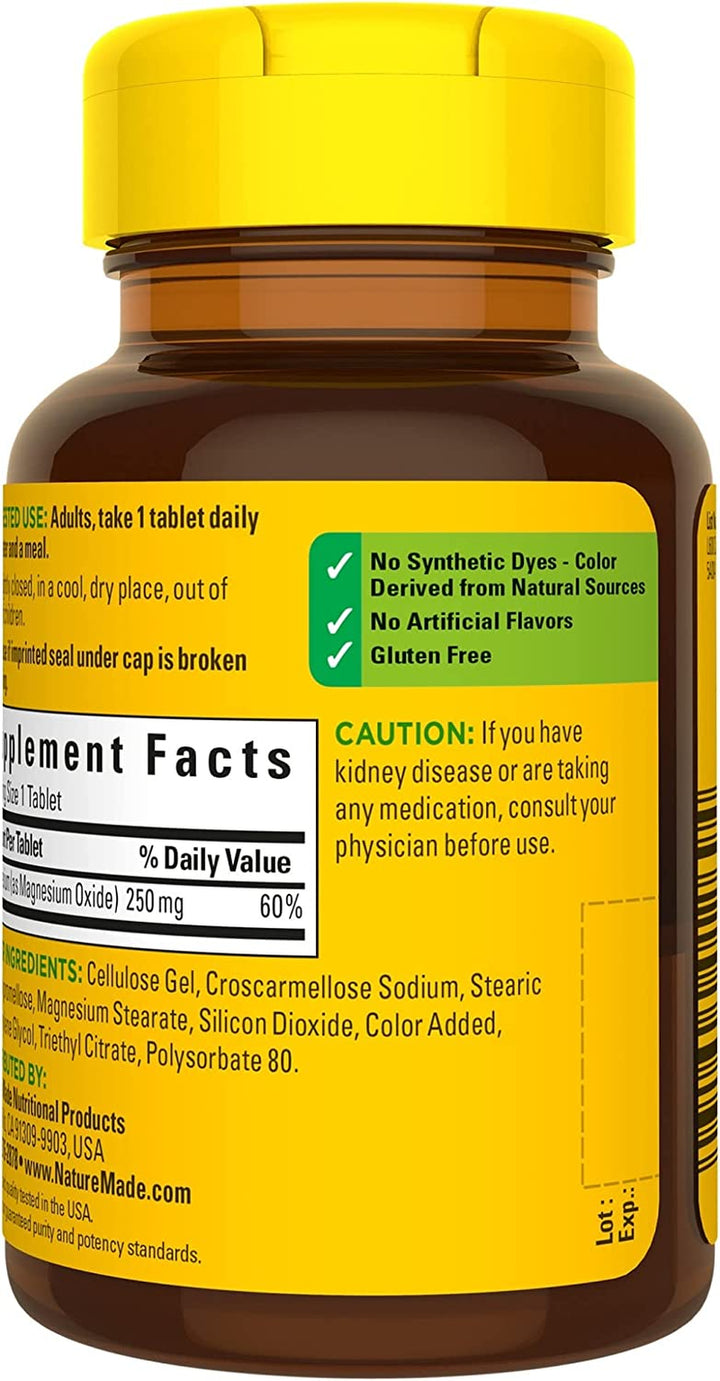 Nature Made Magnesium Oxide 250 Mg, Dietary Supplement for Muscle, Heart, Bone and Nerve Health Support, 100 Tablets, 100 Day Supply