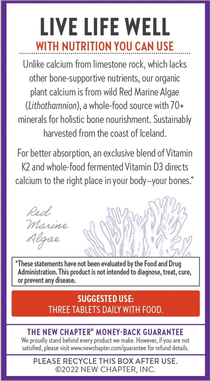 New Chapter Calcium Supplement - Bone Strength Organic Calcium with Magnesium, Vitamin D3+K2, 70+ Trace Minerals for Bone Health, Gluten Free, Easy to Swallow - 120 Slim Tablets