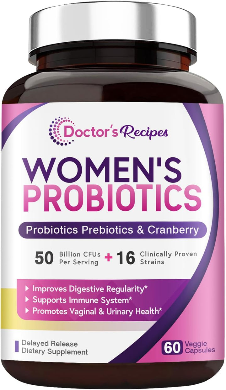 Doctor'S Recipes Probiotics for Women, 100 Billion CFU 32 Strains, with Prebiotic Fiber, Enzymes & Cranberry, Vaginal Urinary Digestive & Immune, No Yeast, Shelf Stable, Delayed Release, 30 Caps