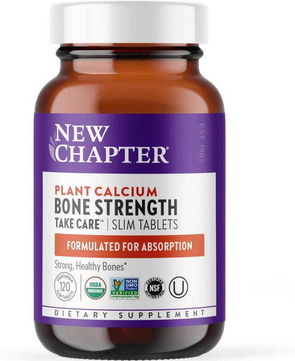 New Chapter Calcium Supplement - Bone Strength Organic Calcium with Magnesium, Vitamin D3+K2, 70+ Trace Minerals for Bone Health, Gluten Free, Easy to Swallow - 120 Slim Tablets