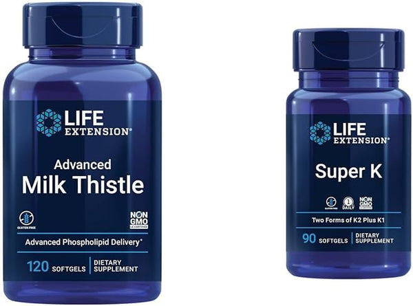Life Extension Advanced Milk Thistle 120 Softgels and Super K Vitamin K1 K2 MK-7 MK-4 Vitamin C 90 Softgels Bundle