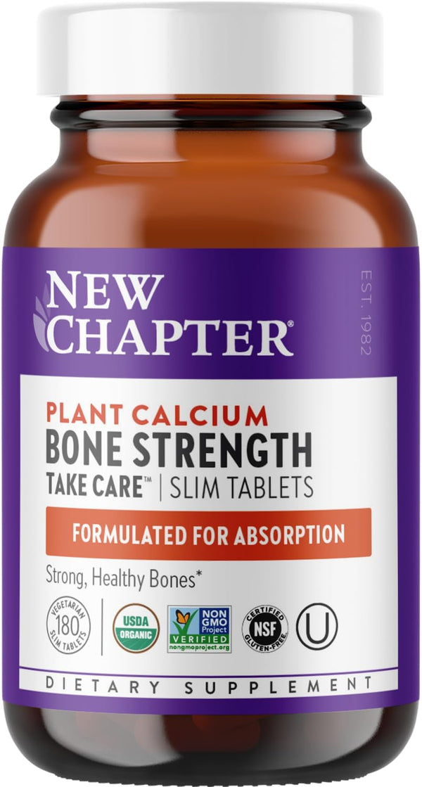 New Chapter Calcium Supplement - Bone Strength Organic Calcium with Magnesium, Vitamin D3+K2, 70+ Trace Minerals for Bone Health, Gluten Free, Easy to Swallow - 180 Slim Tablets