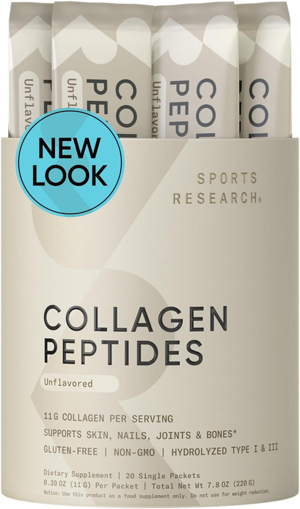 Sports Research Collagen Peptides - Hydrolyzed Type 1 & 3 Collagen Powder Protein Supplement for Healthy Skin, Nails, & Joints - Easy Mixing Vital Nutrients & Proteins, Collagen for Women & Men