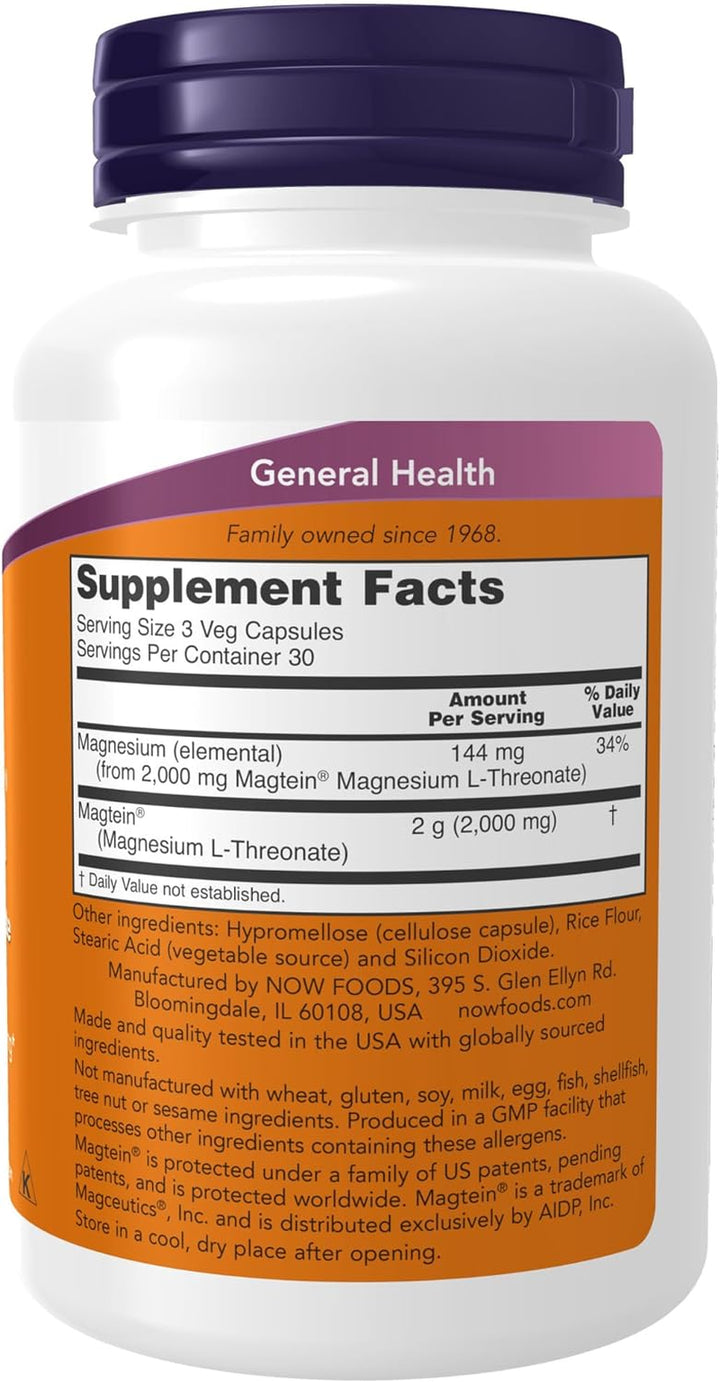 NOW Supplements, Magtein™ with Patented Form of Magnesium (Mg), Cognitive Support*, 90 Veg Capsules