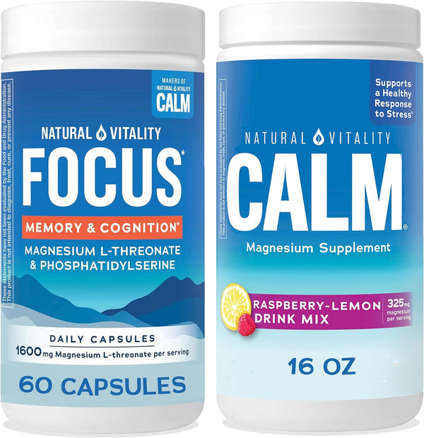 Natural Vitality Calm & Focus, Magnesium Citrate & Magnesium L-Threonate and Phosphatidylserine Supplements - Gluten Free, Raspberry Lemon Powder 16 Oz (Pack of 1) & 60 Capsules (Pack of 1)
