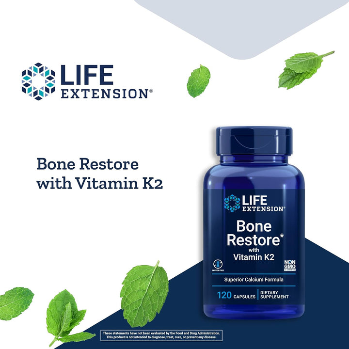 Life Extension Bone Restore + Vitamin K2 Vitamins & Minerals Maintain Bone Health & Strength - Fortifying Nutrients Calcium, D3 & Important Bone Building Minerals - Non-Gmo, Gluten-Free -120 Capsules