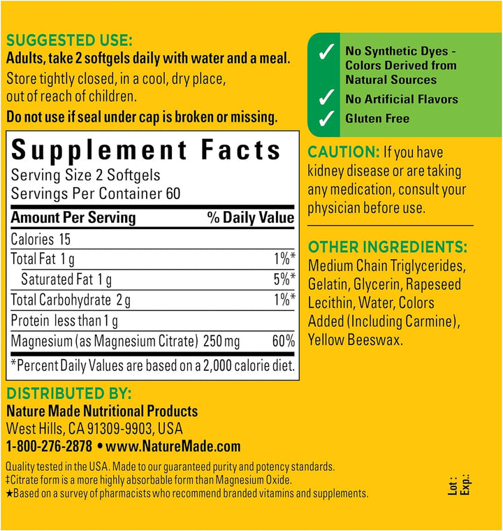 Nature Made Magnesium Citrate 250 Mg per Serving, Dietary Supplement for Muscle, Nerve, Bone and Heart Support, 60 Softgels, 30 Day Supply (Pack of 1)
