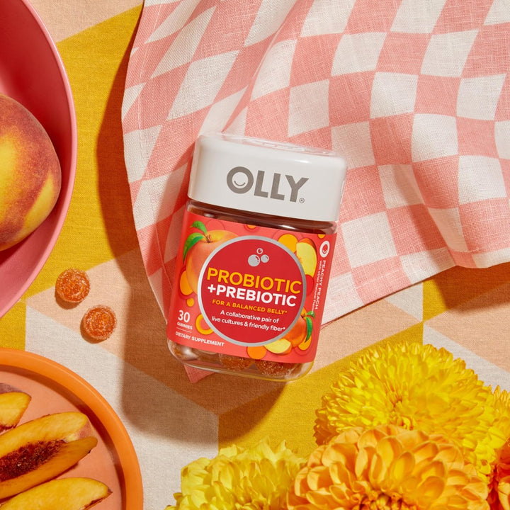 OLLY Probiotic + Prebiotic Gummy, Digestive Support and Gut Health, 500 Million Cfus, Fiber, Adult Chewable Supplement for Men and Women, Peach, 30 Day Supply - 30 Count