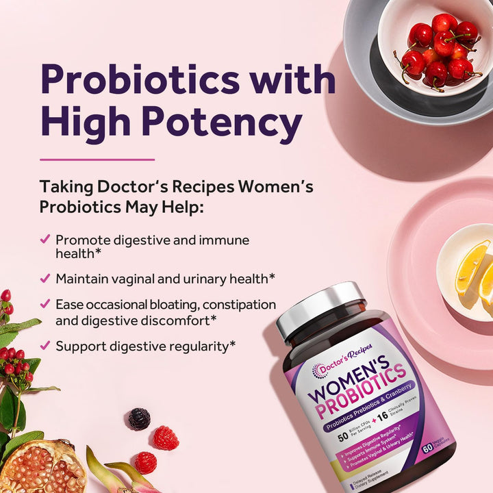 Doctor'S Recipes Probiotics for Women, 100 Billion CFU 32 Strains, with Prebiotic Fiber, Enzymes & Cranberry, Vaginal Urinary Digestive & Immune, No Yeast, Shelf Stable, Delayed Release, 30 Caps