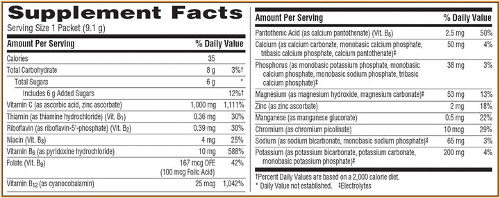 Emergen-C 1000Mg Vitamin C Powder for Daily Immune Support Caffeine Free Vitamin C Supplements with Zinc and Manganese, B Vitamins and Electrolytes, Super Orange Flavor - 60 Count/2 Month Supply