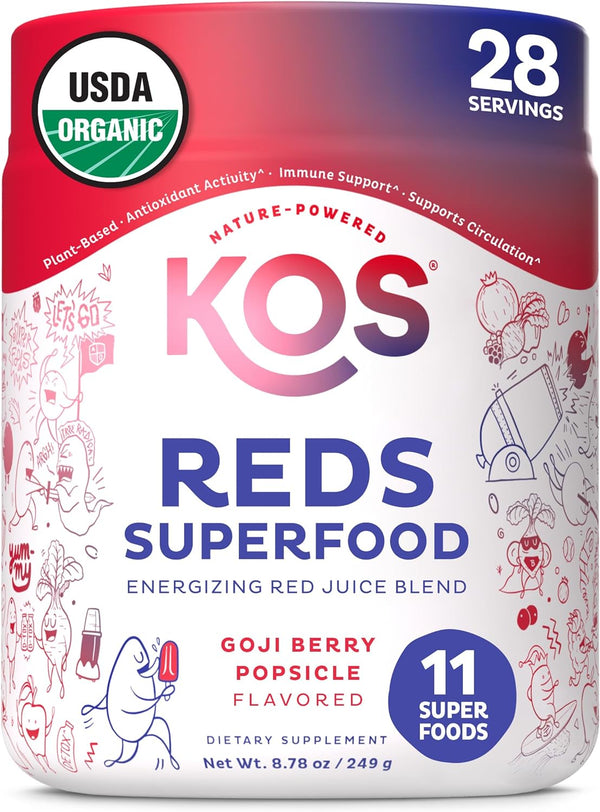 KOS Reds Superfood Powder - Beet Root, Goji Berries, Acai Powder, Pomegranate Juice - Energy Booster, Circulation and Digestion Support - Delicious Goji Berry Popsicle Flavor - 8.78 Oz, 28 Servings