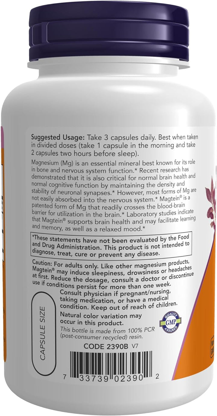 NOW Supplements, Magtein™ with Patented Form of Magnesium (Mg), Cognitive Support*, 90 Veg Capsules