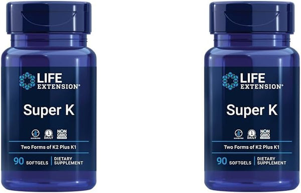 Life Extension Super K, Vitamin K1, Vitamin K2 Mk-7, Vitamin K2 Mk-4, Vitamin C, Bone/Heart/Arterial Health, 3-Month Supply, Gluten-Free, 1 Daily, Non-Gmo, 90 Softgels (Pack of 2)