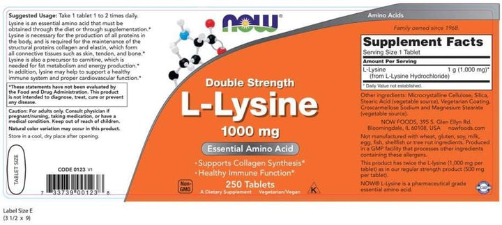 NOW Supplements, L-Lysine (L-Lysine Hydrochloride) 1,000 Mg, Double Strength, Amino Acid, 250 Tablets