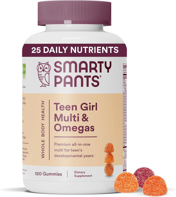 Smartypants Teen Girl Multivitamin Gummies: Omega 3 Fish Oil (EPA/DHA), Vitamin D3, C, Vitamin B12, B6, Vitamin A, K & Zinc, Gluten Free, Three Fruit Flavors, 120 Count (30 Day Supply)