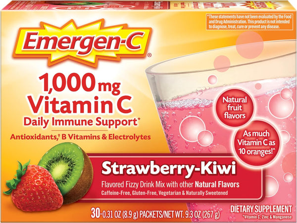 Emergen-C 1000Mg Vitamin C Powder, with Antioxidants, B Vitamins and Electrolytes, Vitamin C Supplements for Immune Support, Caffeine Free Fizzy Drink Mix, Strawberry Kiwi Flavor - 30 Count
