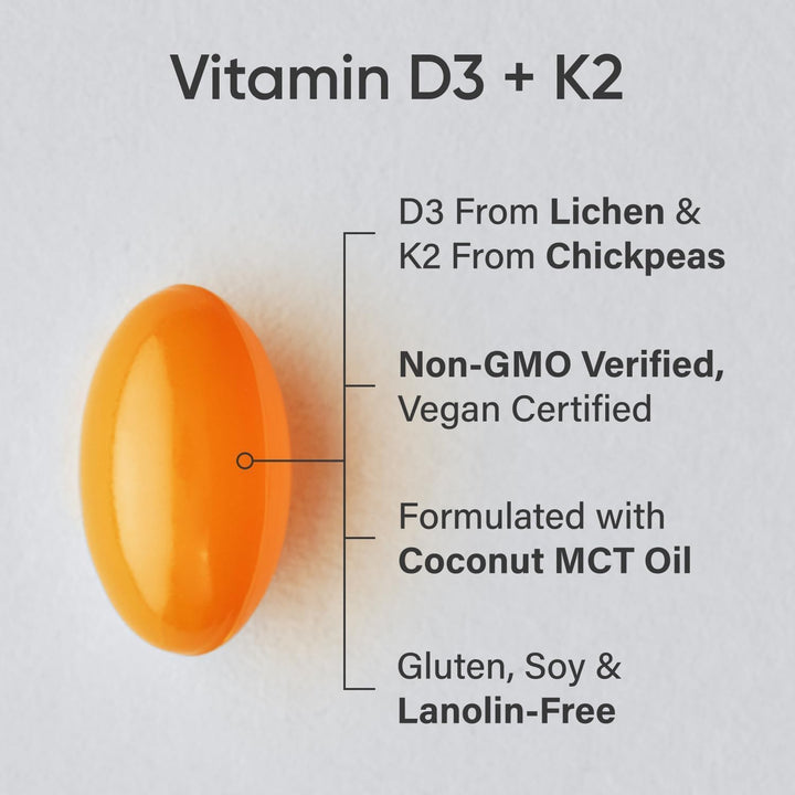 Sports Research Vitamin D3 K2 with Coconut Oil | Plant Based Vitamin K2 MK7 + Vegan D3 5000Iu | Vegan Certified, Soy & Gluten Free - 60 Count Softgels