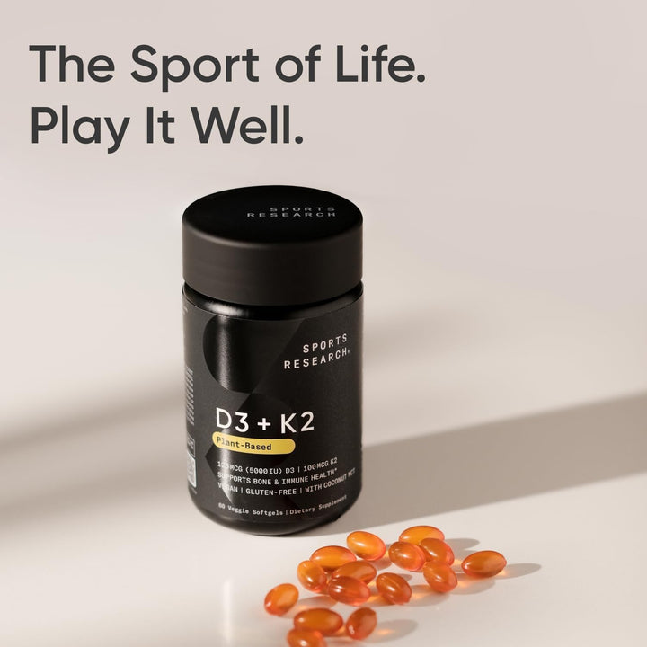 Sports Research Vitamin D3 K2 with Coconut Oil | Plant Based Vitamin K2 MK7 + Vegan D3 5000Iu | Vegan Certified, Soy & Gluten Free - 60 Count Softgels