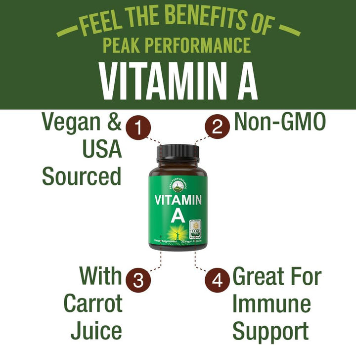 Peak Performance Certified Organic Vitamin a 5000 IU Supplement Capsules High Potency Vitamins Made with Organic Carrot Juice. Great for Immune, Skin, Eye Support. Non GMO, Vegan Pills, Tablets