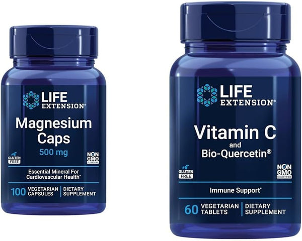 Life Extension Magnesium Caps 500Mg, Vitamin C 1000Mg with Bio-Quercetin Phytosome - Heart, Bone, Immune Health - 200 Vegetarian Capsules