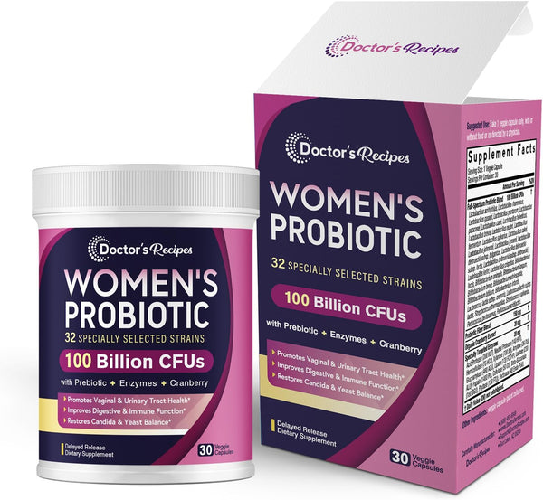 Doctor'S Recipes Probiotics for Women, 100 Billion CFU 32 Strains, with Prebiotic Fiber, Enzymes & Cranberry, Vaginal Urinary Digestive & Immune, No Yeast, Shelf Stable, Delayed Release, 30 Caps