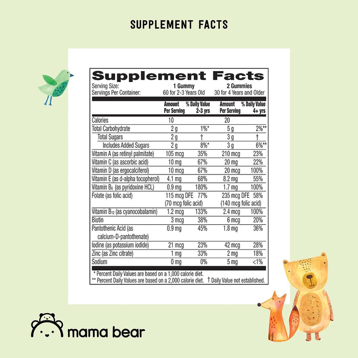 Amazon Brand - Mama Bear Organic Kids Multivitamin, 60 Gummies, 1 Month Supply (Packaging May Vary), Berry, Cherry & Orange