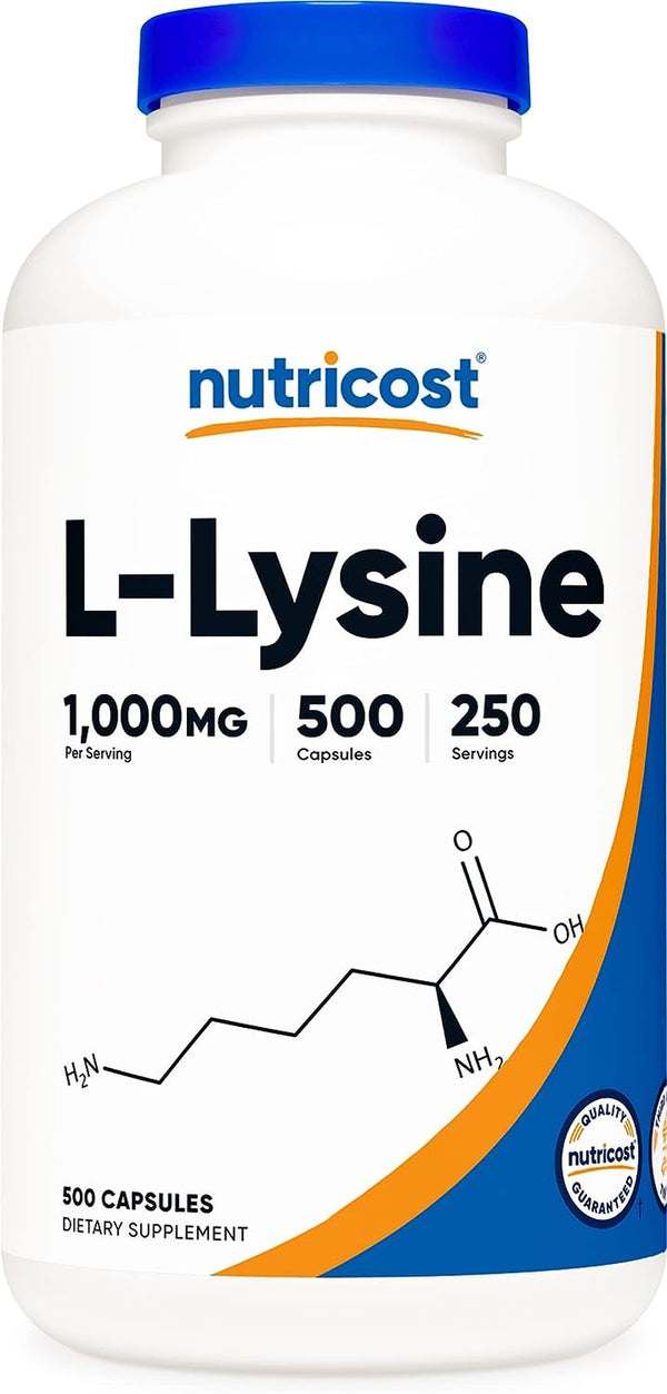 Nutricost L-Lysine 1000Mg per Serving, 250 Servings, 500 Capsules - Gluten Free, Non-Gmo, 500Mg per Capsule