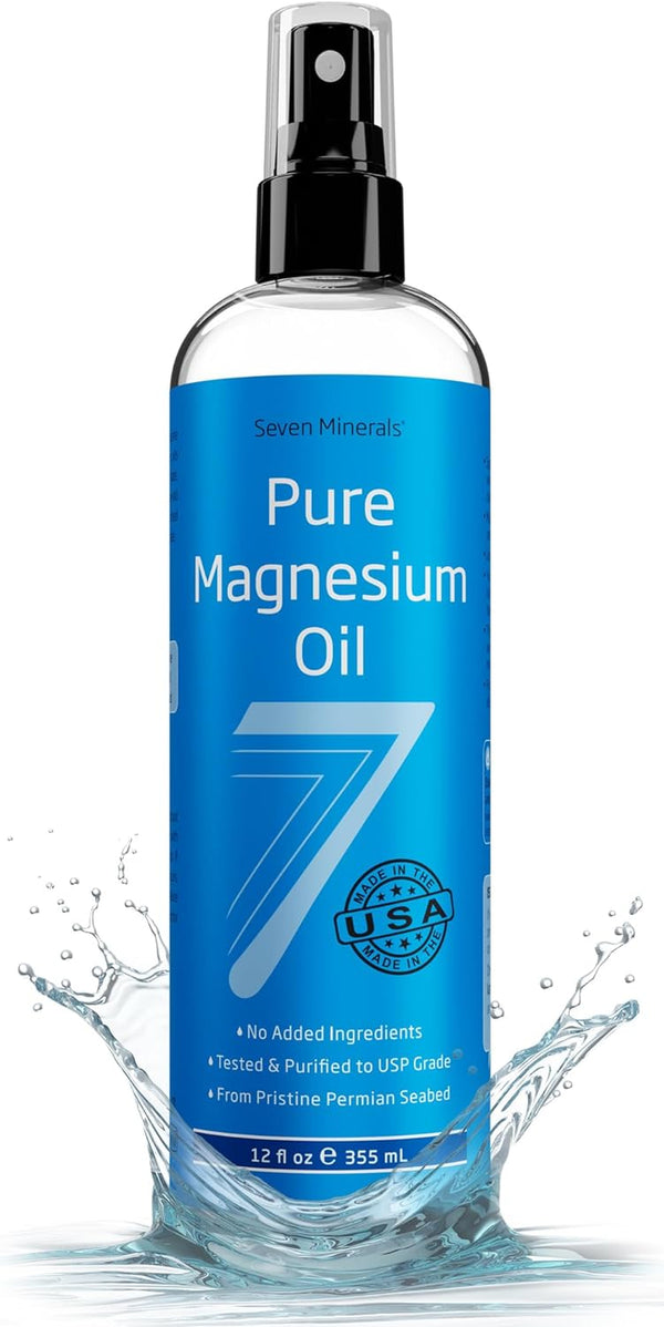 Seven Minerals, Pure Magnesium Oil Spray - Big 12 Fl Oz (Lasts 9 Months) - USP Grade Magnesium Spray, No Unhealthy Trace Minerals - from Ancient Underground Permian Seabed in USA, Free Ebook Included