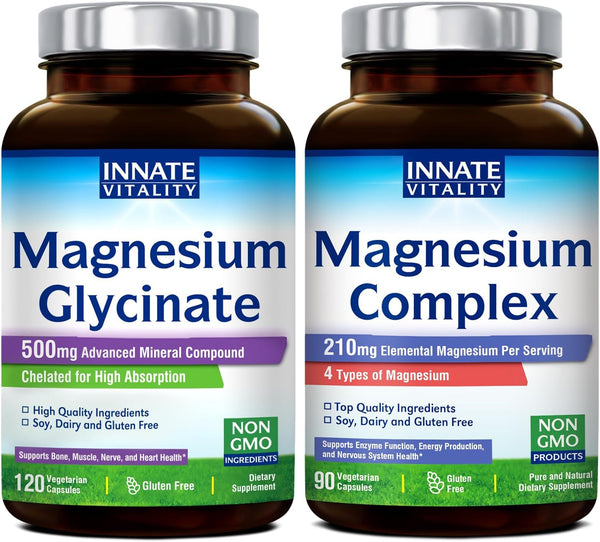 Innate Vitality Magnesium Glycinate & Magnesium Complex Bundle, Non-Gmo No Gluten & Vegan, Mg Glycinate (120 Caps) & Mg Complex (90 Caps), Value Pack, Bundle & Save