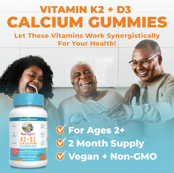 Maryruth Organics Calcium with Vitamin D & Vitamin K2, 2 Month Supply, Calcium Supplement Supports Bone Health & Joint Support, with Vitamins D3 K2 Gummies, Vegan, Non-Gmo, Gluten Free, 60 Count