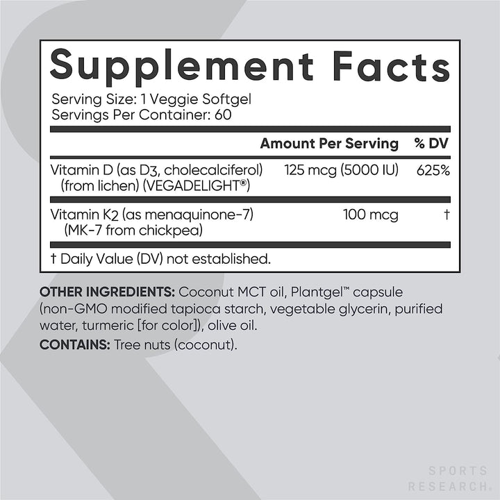 Sports Research Vitamin D3 K2 with Coconut Oil | Plant Based Vitamin K2 MK7 + Vegan D3 5000Iu | Vegan Certified, Soy & Gluten Free - 60 Count Softgels
