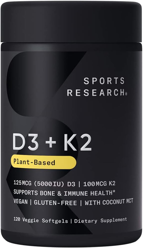 Sports Research Vitamin D3 + K2 with 5000Iu of Plant-Based D3 & 100Mcg of Vitamin K2 as MK-7 | Non-Gmo Verified & Vegan Certified,Softgel (120Ct)