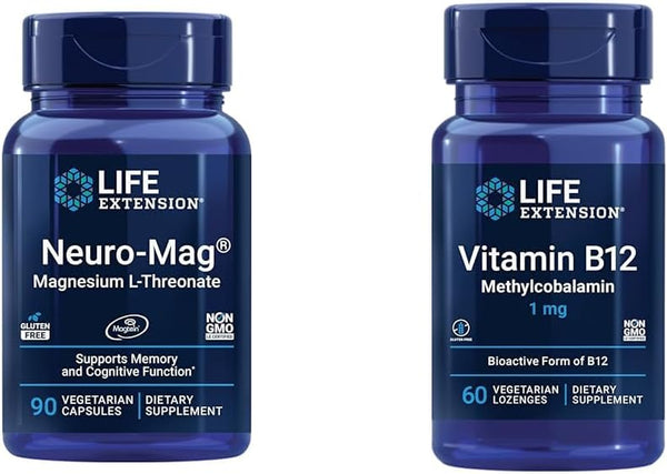 Life Extension Neuro-Mag Magnesium L-Threonate Brain Health Memory 90 Capsules & Vitamin B12 Methylcobalamin Brain Health 60 Lozenges