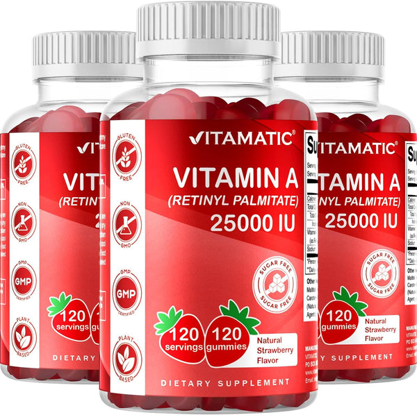 Vitamatic Sugar Free Vitamin a 25000 IU Gummies (Retinyl Palmitate) - Natural Strawberry Flavor - 120 Pectin Based Gummies (1 Bottle)