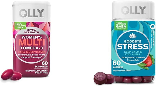 OLLY Ultra Women'S Multi Softgels and Goodbye Stress Gummy Berry Verbena Bundle, 60 Count Each