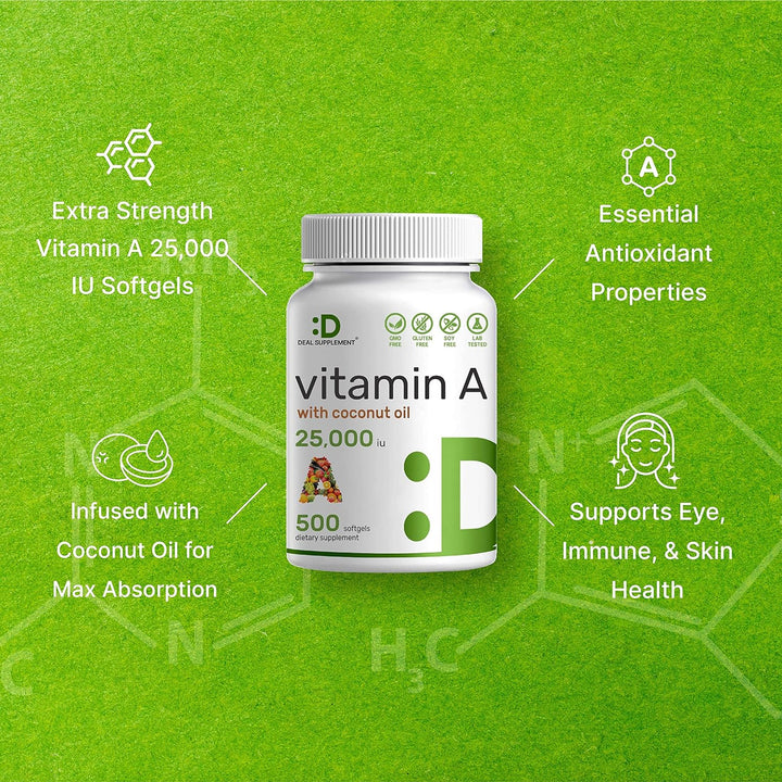 DEAL SUPPLEMENT High Potency Vitamin a 25000 IU, 500 Coconut Oil Softgels | Easily Absorbed, Natural Fish Liver Oil Source – Vitamins for Eye, Immune, & Skin Health – Easy to Swallow, Non-Gmo