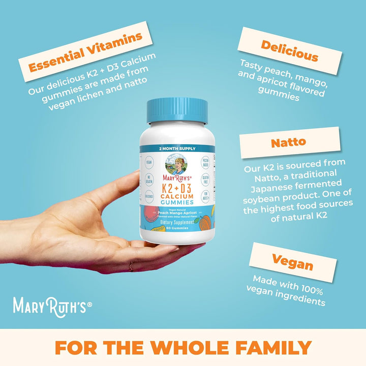 Maryruth Organics Calcium with Vitamin D & Vitamin K2, 2 Month Supply, Calcium Supplement Supports Bone Health & Joint Support, with Vitamins D3 K2 Gummies, Vegan, Non-Gmo, Gluten Free, 60 Count
