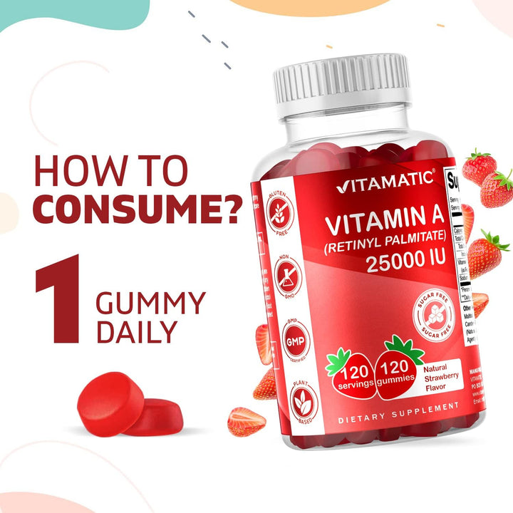 Vitamatic Sugar Free Vitamin a 25000 IU Gummies (Retinyl Palmitate) - Natural Strawberry Flavor - 120 Pectin Based Gummies (1 Bottle)